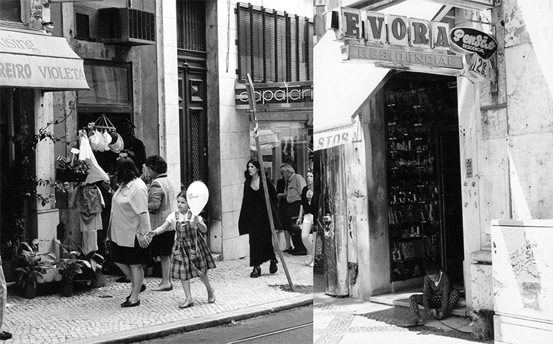 Lisbonne fillette au ballon, garçonnet laçant ses chaussures